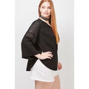 Black Flowy Shirt with Eyelet Bell Sleeves